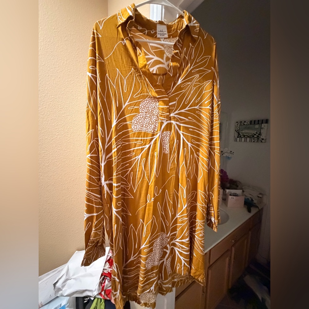 Women's Long Sleeve Mustard Tropical Print Dress